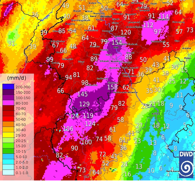 24-stündige Regenmengen in NRW